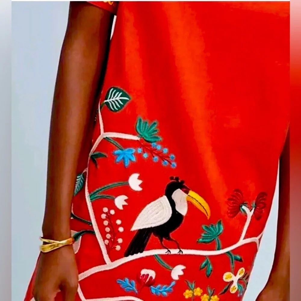 Anthropologie Corey Lynn Calter Toucan jungle red Embroidered Dress Sz Small - Picture 2 of 8